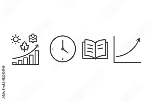 Business growth, time management, learning, and financial analysis symbols