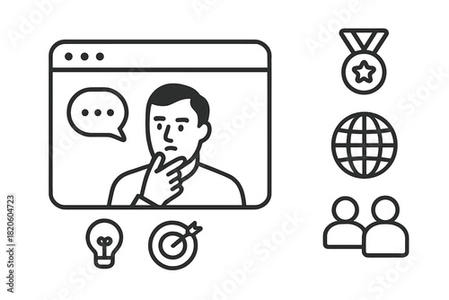 Thoughtful man on video conference screen surrounded by business success and strategy icons