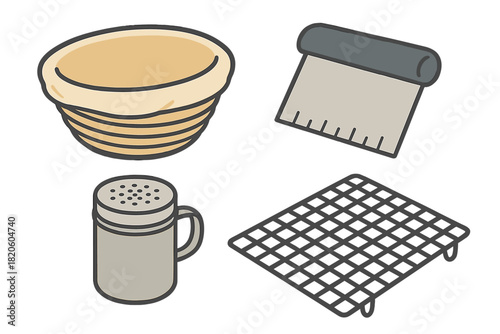 Home baking equipment set with banneton proofing basket, dough scraper, flour shaker, and cooling rack