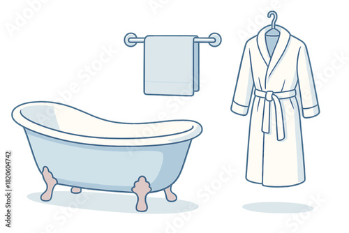 Vintage clawfoot bathtub, hanging towel, and white bathrobe set for bathroom essentials