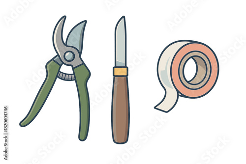 Grafting and budding tools including pruning shears, sharp knife, and specialized tape