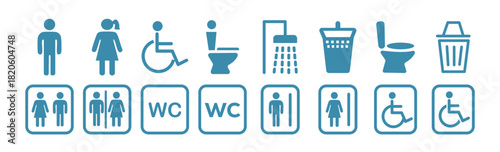 Washroom signs. WC icon set. Toilet, restroom, man and woman, bathroom, disabled, dumpster, toilet paper, infant -stock vector.