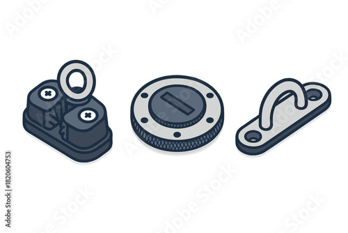Isometric boat and sailing hardware components: cleat, deck plate, and pad eye