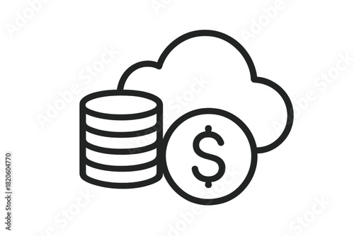 Cloud computing finance concept showing stacked coins and dollar sign linked to cloud outline