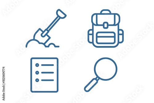 Essential outdoor and exploration tools including shovel, backpack, checklist, and magnifying glass set