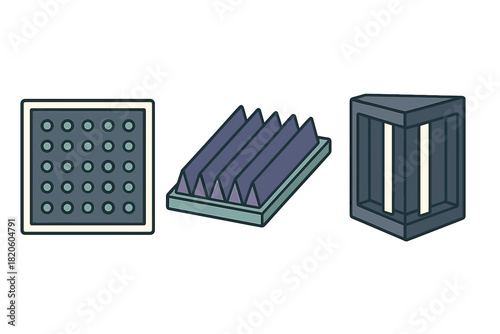 Abstract technical components set: perforated panel, acoustic dampener, and corner element