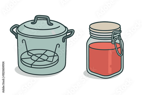 Canning supplies set featuring a large pot with rack and a jar of red fruit jam