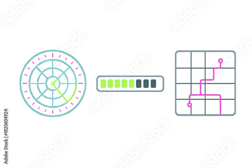 Essential digital interface elements including radar, progress bar, and route map display