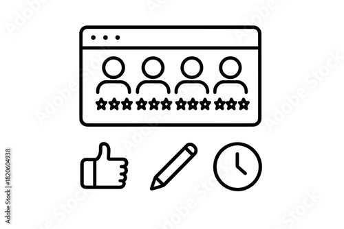 Online customer review and rating system icons with feedback, time, and editing symbols
