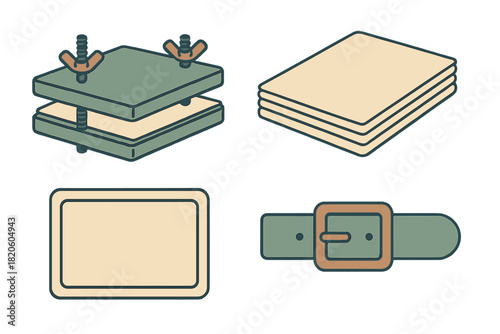 Crafting tools and materials set with leather press, stacked leather, and belt buckle