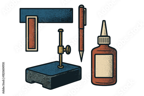 Vintage textured drafting tools and adhesive bottle set isolated on white