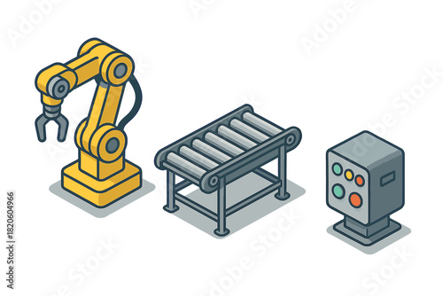 Isometric industrial automation equipment set with robotic arm, roller conveyor, and control panel