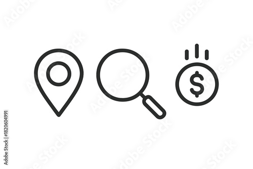 Simple line icons for map location, data search, and financial statistics