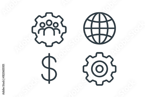 Essential business symbols for global network, financial growth, team management, and process settings