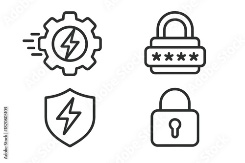 Essential line icons for digital security, system settings, energy, and password protection interface