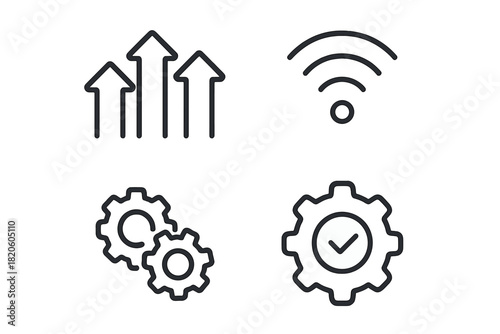 Modern outline icons representing performance, connectivity, configuration, and success concepts