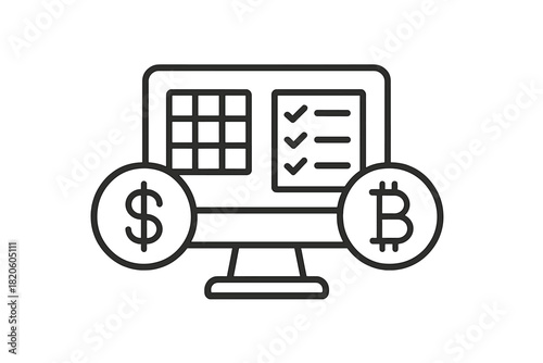 Computer screen showing financial data and checklist linked to dollar and Bitcoin symbols