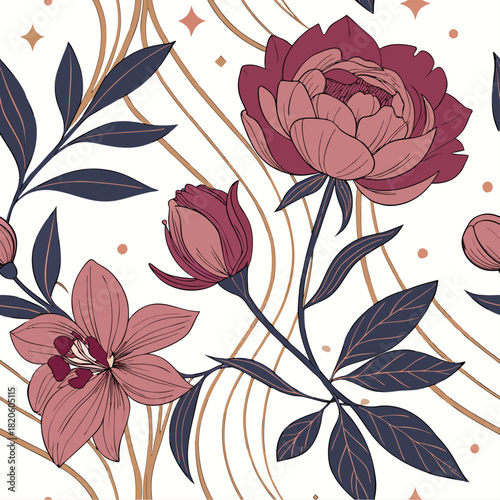 Luxury seamless floral pattern with ultra-realistic peonies, orchids, and roses, lifelike textures, rich saturated colors, glossy highlights