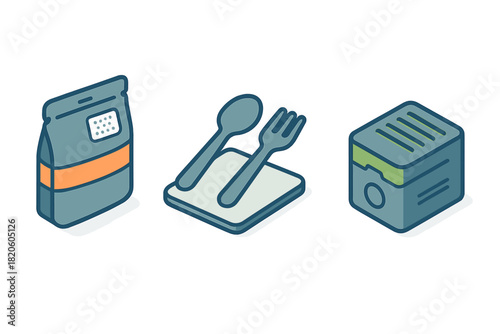 Isometric set of food packaging pouch, dining cutlery, and kitchen toaster icons