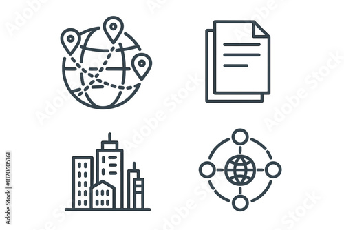 Outline icons set for global logistics, corporate documentation, and modern urban infrastructure