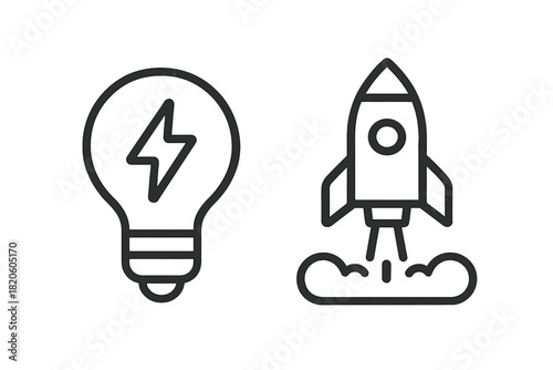 Creative idea generation and business startup concept represented by lightbulb and launching rocket symbols
