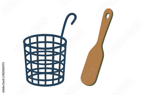 Set of kitchen cooking tools including deep fryer basket and wooden spatula