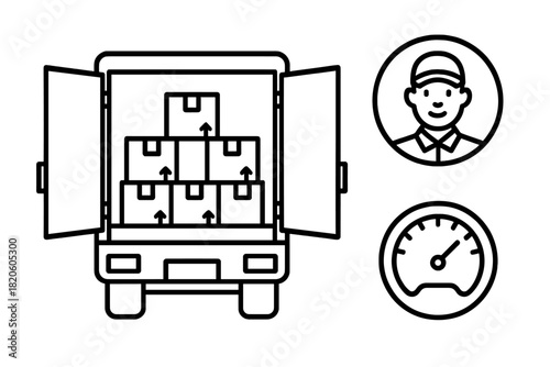 Set of logistics icons featuring delivery truck, courier profile, and speedometer gauge
