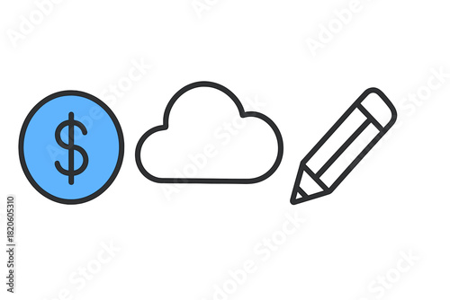 Digital finance, cloud storage, and creative work represented by line icons