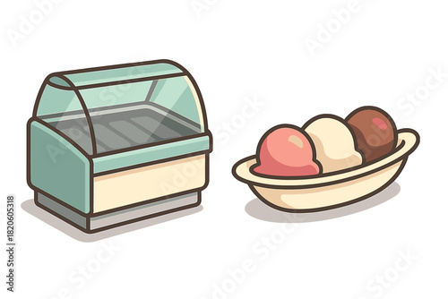 Ice cream parlor display freezer cabinet and three scoops of frozen dessert in a dish