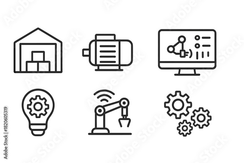 Outline icons set for smart factory, industrial automation, and modern manufacturing processes