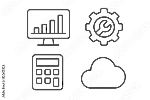 Essential business and technology symbols for data analysis, settings, calculation, and cloud storage