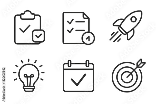 Business planning and success symbols including checklist document rocket launch idea calendar and target achievement