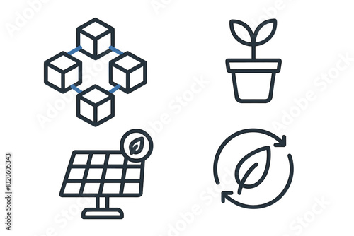 Sustainable technology and environmental symbols including solar energy, recycling, and blockchain concepts