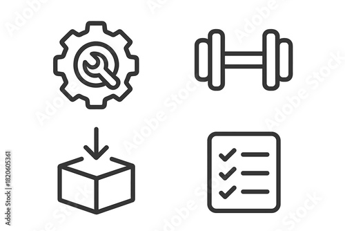 Gear, wrench, dumbbell, download box, and completed checklist outline symbols