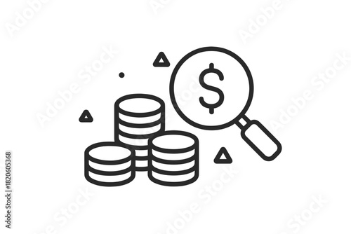 Magnifying glass searching for dollar sign over stacks of coins