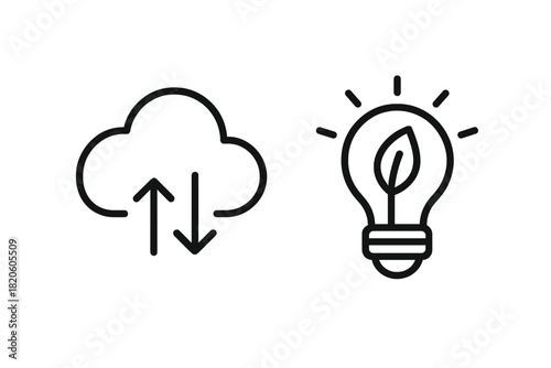 Digital cloud data transfer and sustainable green energy innovation light bulb symbols