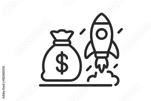 Rapid financial growth symbol featuring a money bag and launching rocket