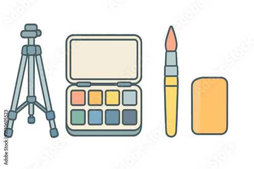 Essential art supplies for painting including a portable tripod, watercolor palette, brush, and sponge