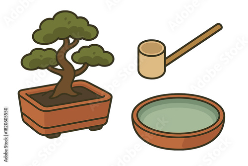 Japanese bonsai tree with traditional water ladle and purification basin set