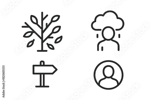 Four outline icons: nature growth, emotional distress, navigation direction, and user profile avatar