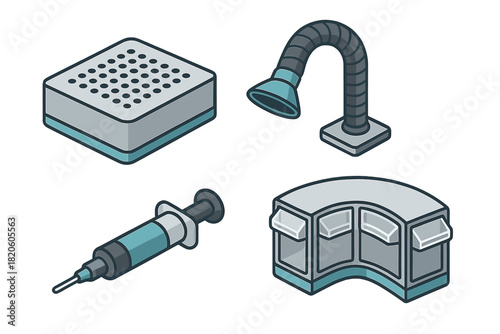 Isometric laboratory equipment icons set featuring syringe, fume extractor, and scientific counter