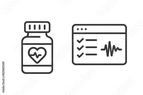 Health monitoring and medical treatment showing a pill bottle and digital health record