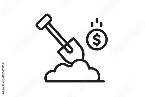 Shovel digging up dollar coin representing financial success and investment concept