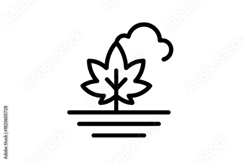 Minimalist black and white outline of a leaf, cloud, and ground lines representing nature