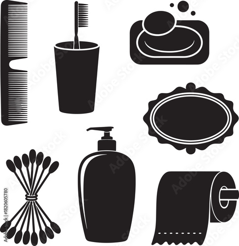Monochrome Image of Bathroom Articles Comb Brush Toothbrush Soap Mirror Cotton Pads