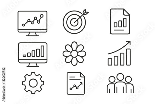 Outline icons set for business, finance, management, data analysis, and goal setting concepts