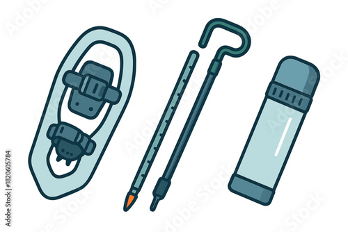Winter outdoor recreation equipment set featuring snowshoe, trekking pole, and vacuum flask