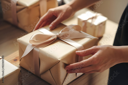 Hands carefully wrapping handcrafted gift item with premium kraft paper and silk ribbon, warm earth tones, bright even lighting, luxury gifting presentation, artisanal packaging artistry