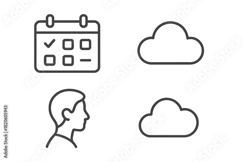 Essential line icons: calendar scheduling, cloud storage, user profile interface