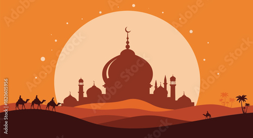 Ramadan kareem mubarak islamic mosque camel desert illustration